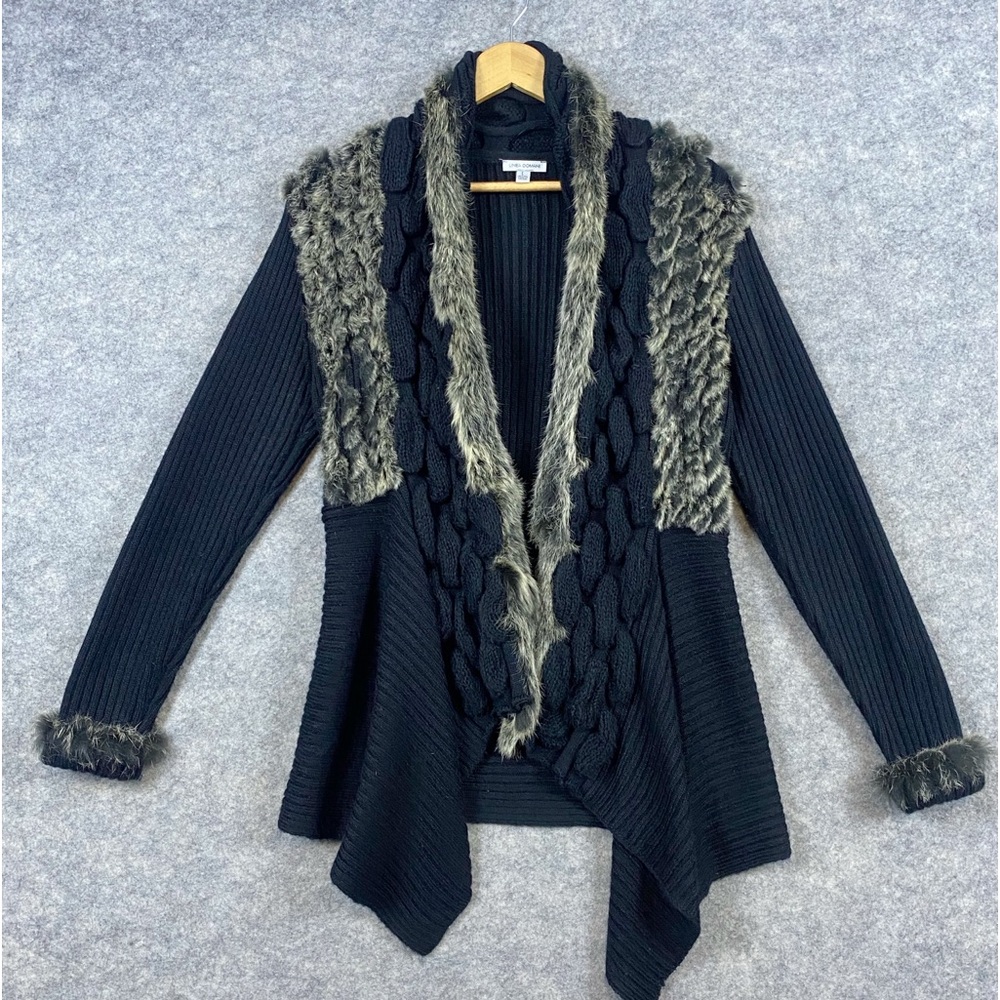 Linea Domani Rabbit Trimmed Cardigan Sweater Size L Black‎  Open Front Drape